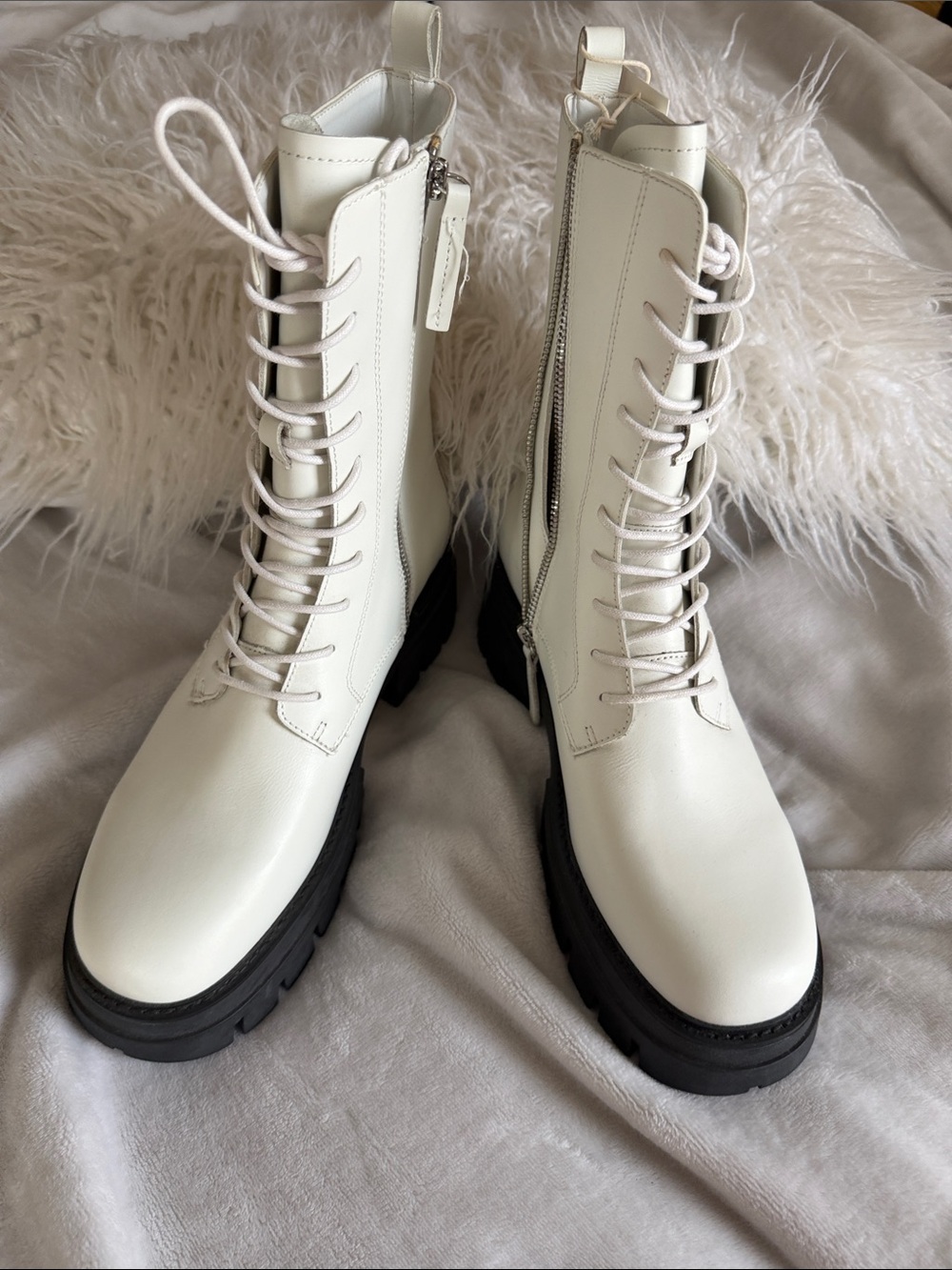 NEW ASH Liana Genuine Leather White Lace-Up Combat Boots with Black Sole Size 40 - Picture 1 of 6